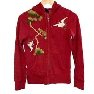 Vtg Y2k lucky brand XS zip up hoodie embroidered asian crane design sweatshirt